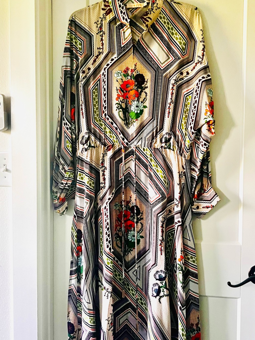 Tory Burch Geometric Floral Long-Sleeve Dress in Beige, Green and Red - Picture 1 of 4